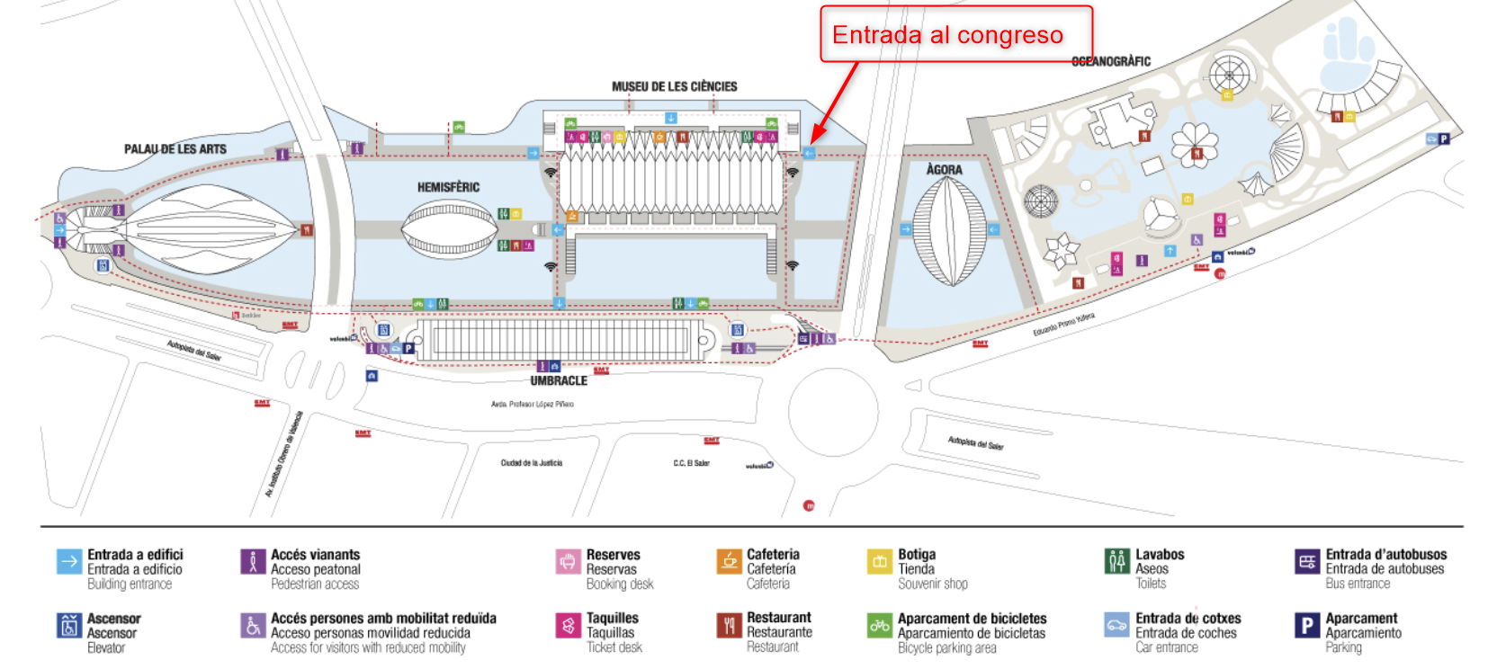 Plano de acceso al III Congreso Bianual SECPEC en la Ciudad de las Artes y las Ciencias de Valencia